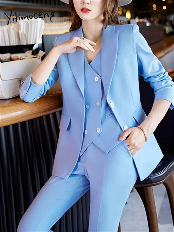 Yitimuceng Ženska odijela Uredski kompleti 2023 Novi modni sako dugih rukava Ženski vintage jednobojni prsluci Chic uske hlače Kompleti od 3 komada
