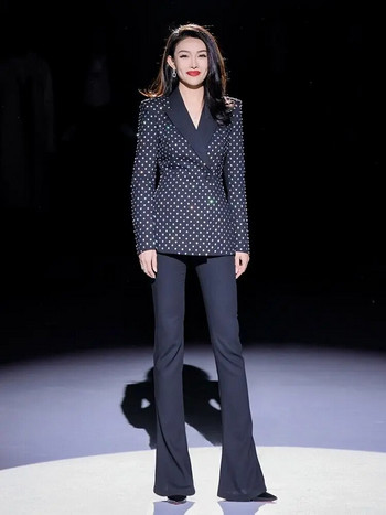 Κοστούμι παντελόνι από στρας Διαμαντένιο επαγγελματικό φόρεμα μαύρο σακάκι παντελόνι με φουσκωτό παντελόνι Σετ λεπτή εφαρμογή κοστούμι δύο τεμαχίων Επίσημες στολές