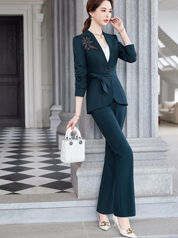 Κομψό γυναικείο ανοιξιάτικο παντελόνι Γραφείο Γυναικεία επαγγελματικά επίσημα σετ Μασίφ απλικέ με ζώνη Γυναικείο παλτό και παντελόνι