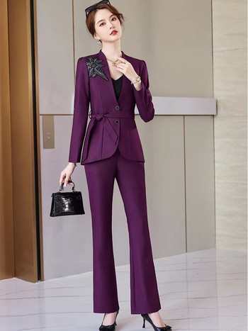 Κομψό γυναικείο ανοιξιάτικο παντελόνι Γραφείο Γυναικεία επαγγελματικά επίσημα σετ Μασίφ απλικέ με ζώνη Γυναικείο παλτό και παντελόνι