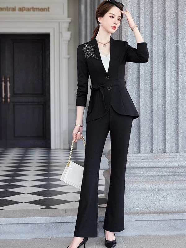 Elegantno žensko proljetno odijelo s hlačama Uredski ženski poslovni svečani kompleti Jednobojni dodaci s remenom Ženski blejzer kaput i hlače