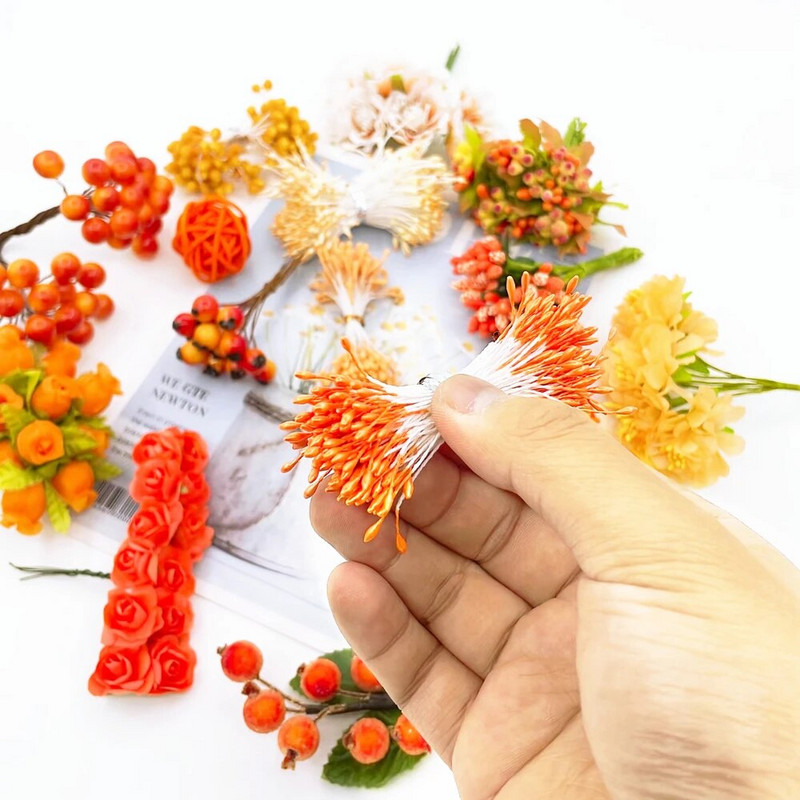 6/10/12/90/130gab Apelsīnu jauktu mākslīgo ziedu ķiršu putekšņlapu ogu saišķis DIY viltus Ziemassvētku kāzu dāvanu kastītes vainagu dekors