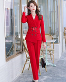 Sieviešu elegants bikškostīms sarkans balts melns ar jostu, divdaļīgs komplekts, moderns divrindu žakete ar biksēm ziemai