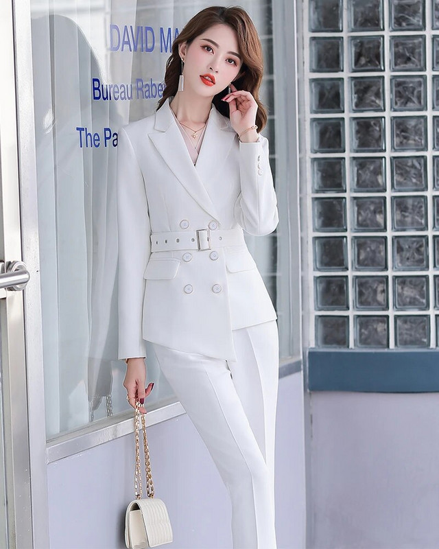 Sieviešu elegants bikškostīms sarkans balts melns ar jostu, divdaļīgs komplekts, moderns divrindu žakete ar biksēm ziemai