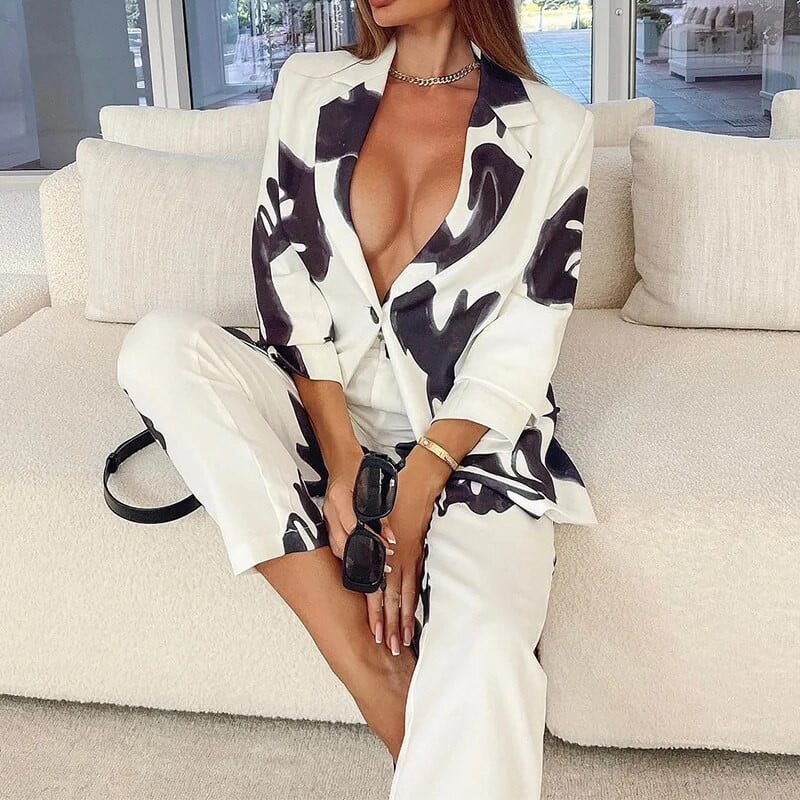 Vintage set sakoa s printom Žensko poslovno odijelo Elegantni ženski komplet Uredska odjeća Ženska modna jednoredna odijela