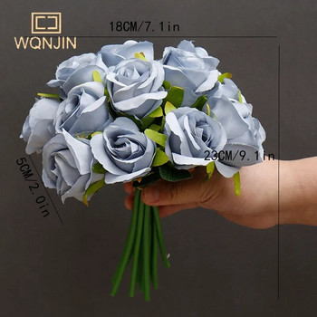 WQNJIN Τεχνητό λουλούδι Μπουκέτο 12 Κεφαλών Μεταξωτό Τριαντάφυλλο Μπλε Λουλούδι Ψεύτικο Τριαντάφυλλο Ματσάκι Γάμου Διακόσμηση Τραπεζιού Σπίτι Δώρο