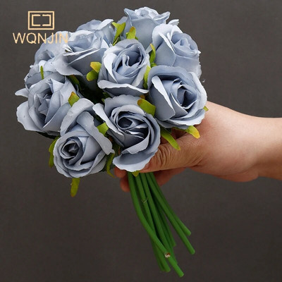 WQNJIN művirág csokor 12 fej selyem rózsa kék virág hamis rózsa csokor esküvői parti otthoni asztali ajándék dekoráció