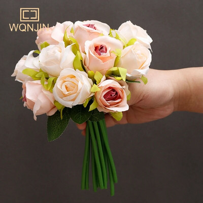 WQNJIN művirág csokor 12 fej selyem rózsa kék virág hamis rózsa csokor esküvői parti otthoni asztali ajándék dekoráció