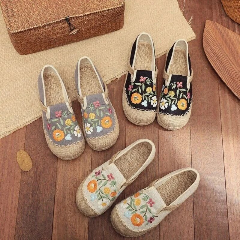 Női lapos cipők Patchwork vászon vászon cipők Kézzel készített női alkalmi cipők cipők Hímzett lapos espadrilles kender cipők