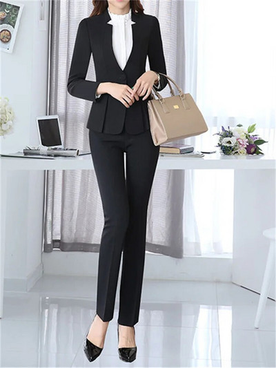 Yitimuceng jednobojni dvodijelni komplet odijela za žene 2023. Modni uredski ženski sakoi s V izrezom s jednim gumbom Chic odijela s hlačama visokog struka