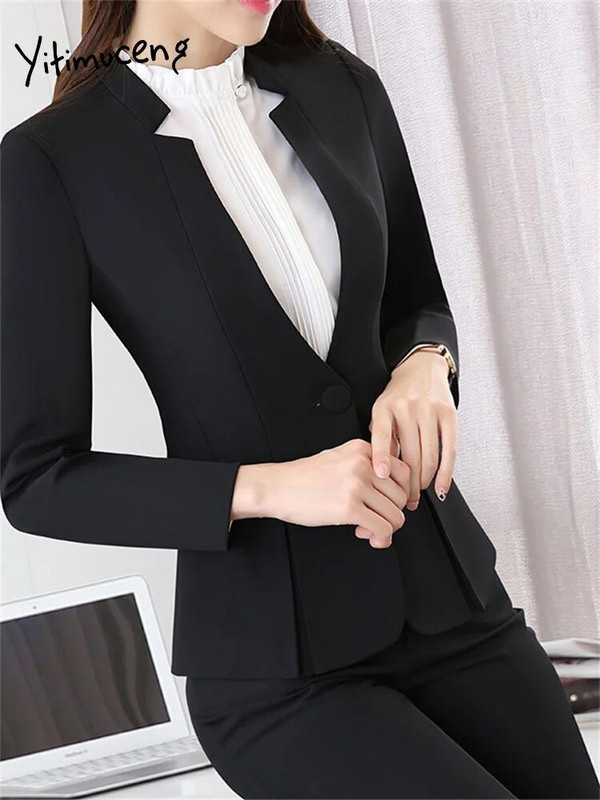 Yitimuceng jednobojni dvodijelni komplet odijela za žene 2023. Modni uredski ženski sakoi s V izrezom s jednim gumbom Chic odijela s hlačama visokog struka