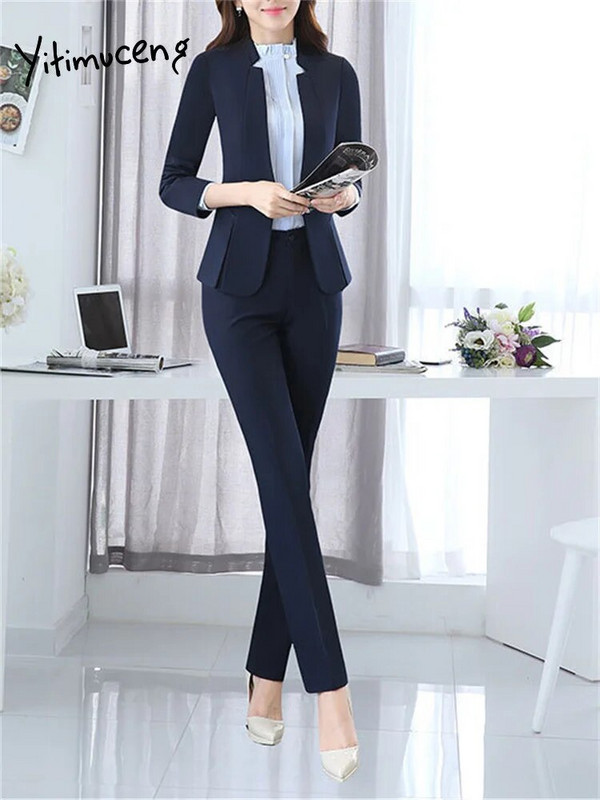 Yitimuceng jednobojni dvodijelni komplet odijela za žene 2023. Modni uredski ženski sakoi s V izrezom s jednim gumbom Chic odijela s hlačama visokog struka