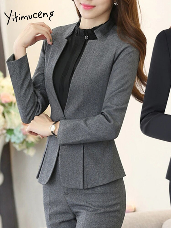 Yitimuceng jednobojni dvodijelni komplet odijela za žene 2023. Modni uredski ženski sakoi s V izrezom s jednim gumbom Chic odijela s hlačama visokog struka