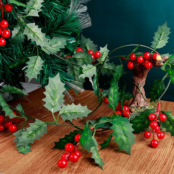Χριστουγεννιάτικο στεφάνι με κόκκινα μούρα πράσινα φύλλα κρεμαστά κορδόνι με τεχνητά φύλλα αμπέλου γιρλάντα για Χριστουγεννιάτικη Πρωτοχρονιάτικη Διακόσμηση