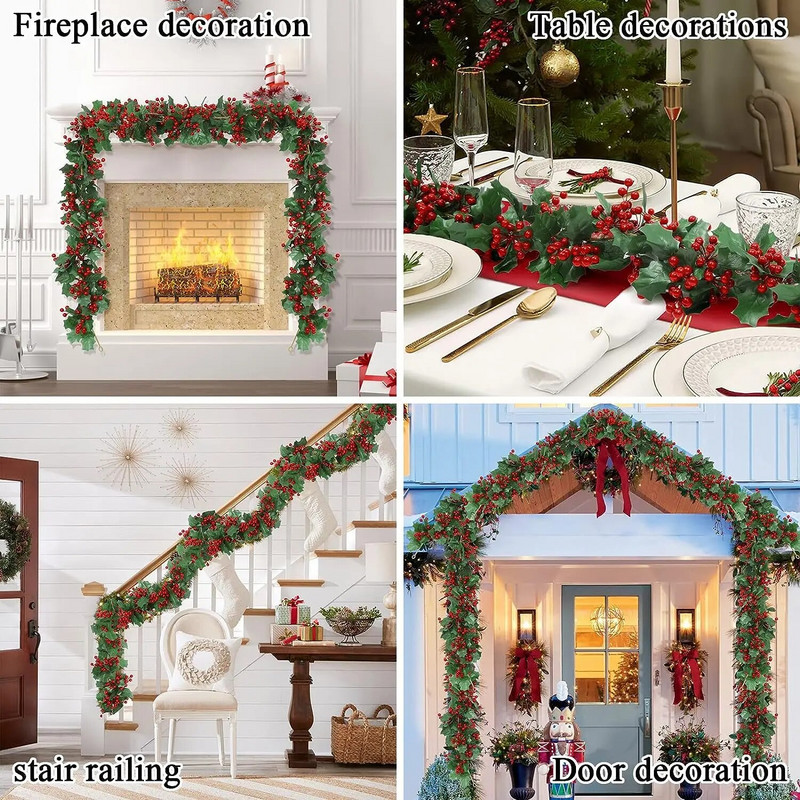 Božićni vijenac s crvenim bobicama Zeleno lišće Viseći vijenac Vinova loza Umjetno cvijeće Lišće Niz za božićnu novogodišnju dekoraciju