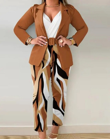 Φθινόπωρο 2023 Μόδα γυναικεία ρούχα κοστούμια casual εκτύπωση με γιακά μακρυμάνικο μπλέιζερ παλτό και ombre παντελόνι Γυναικείο σετ Y2k