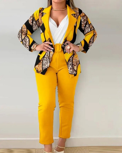 2023 m. rudens madingi moteriški drabužių kostiumai, laisvalaikio marginimas su įpjova apykakle, ilgomis rankovėmis, švarkelio ir ombre kelnių rinkinys Y2k moteriškas