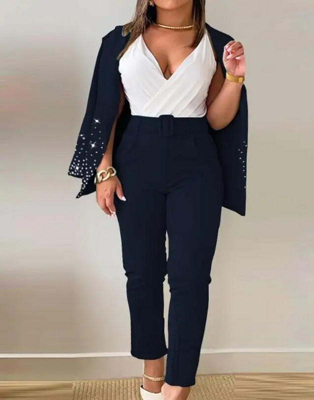 2023 m. rudens madingi moteriški drabužių kostiumai, laisvalaikio marginimas su įpjova apykakle, ilgomis rankovėmis, švarkelio ir ombre kelnių rinkinys Y2k moteriškas