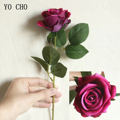 YO CHO Umjetni cvijet Svilena ruža Flanelette Jedna grana ruže Lažni cvijet Bordo DIY Home Party Decor Svadbeni pribor