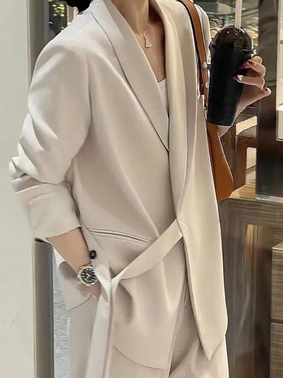 Ženski kompleti hlača Jesen 2023. Nova ružičasta moda Sense of Design Blazer Kaput Temperamentan Ženski dvodijelni komplet hlača širokih nogavica