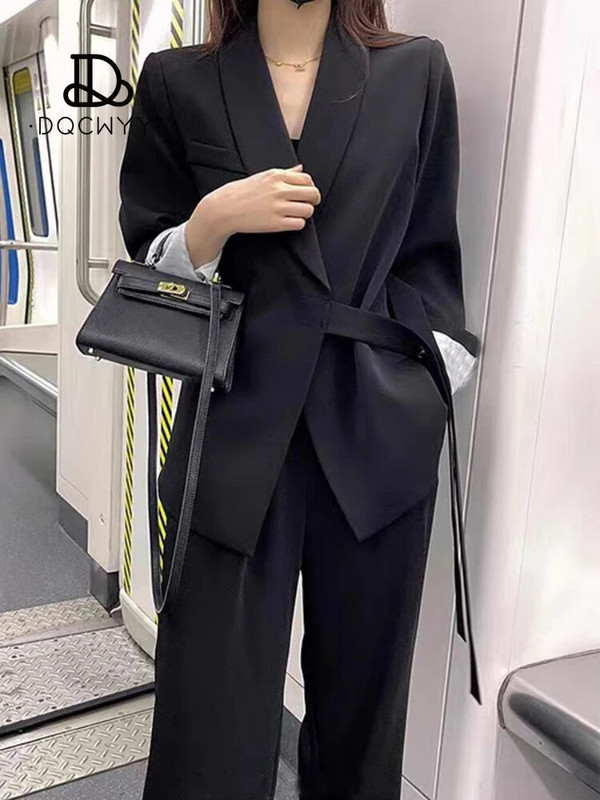 Ženski kompleti hlača Jesen 2023. Nova ružičasta moda Sense of Design Blazer Kaput Temperamentan Ženski dvodijelni komplet hlača širokih nogavica