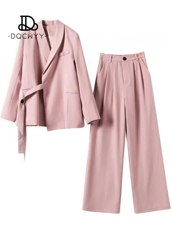 Ženski kompleti hlača Jesen 2023. Nova ružičasta moda Sense of Design Blazer Kaput Temperamentan Ženski dvodijelni komplet hlača širokih nogavica