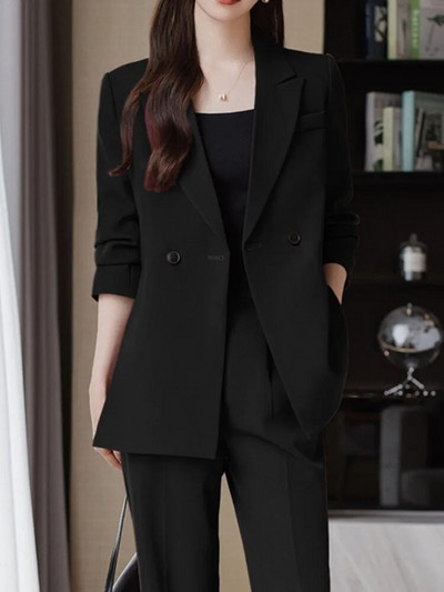 Korejski modni, elegantni, jednobojni ženski blejzer odijelo s hlačama, ležerni vintage chic sako, ravne hlače, komplet od 2 komada, ženska odjeća