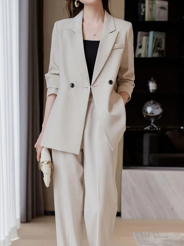 Korejski modni, elegantni, jednobojni ženski blejzer odijelo s hlačama, ležerni vintage chic sako, ravne hlače, komplet od 2 komada, ženska odjeća