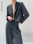 [LANMREM] Vilnas svītraini 2 daļiņu komplekti sievietēm, jaciņa, īsa žakete ar augstu vidukli, taisna, plata bikses biroja dāma 2023. gada jaunums