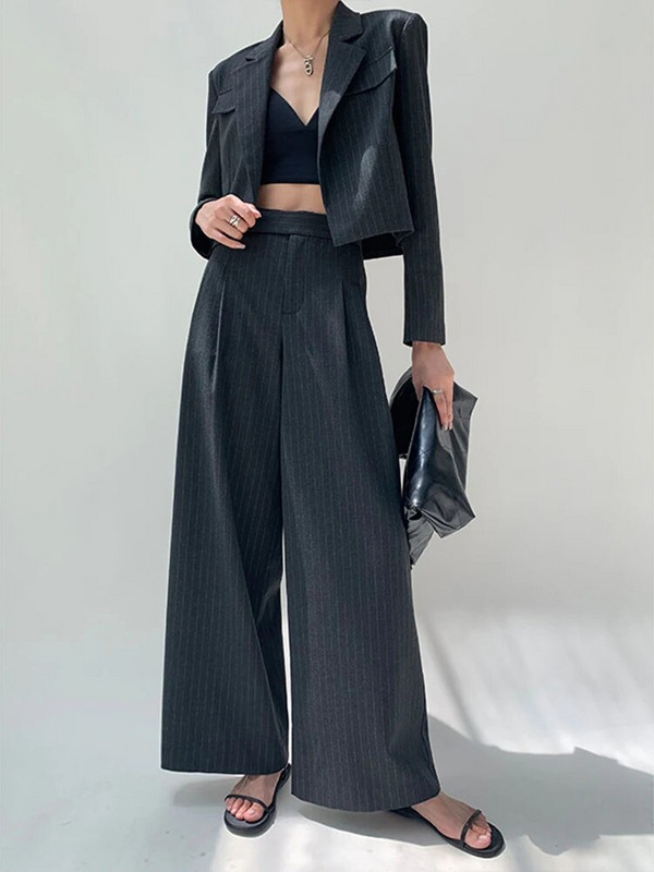 [LANMREM] Vilnas svītraini 2 daļiņu komplekti sievietēm, jaciņa, īsa žakete ar augstu vidukli, taisna, plata bikses biroja dāma 2023. gada jaunums