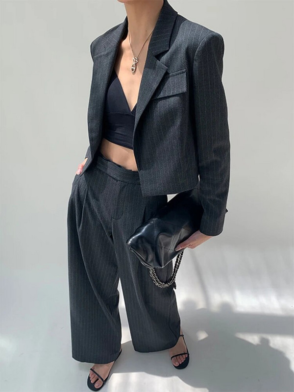 [LANMREM] Vilnas svītraini 2 daļiņu komplekti sievietēm, jaciņa, īsa žakete ar augstu vidukli, taisna, plata bikses biroja dāma 2023. gada jaunums