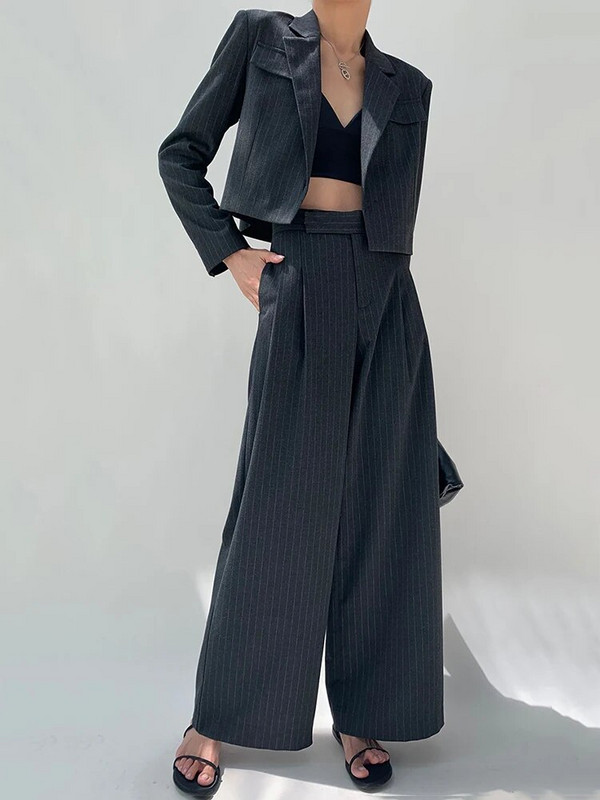 [LANMREM] Vilnas svītraini 2 daļiņu komplekti sievietēm, jaciņa, īsa žakete ar augstu vidukli, taisna, plata bikses biroja dāma 2023. gada jaunums