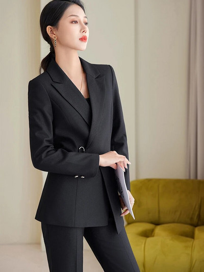 Žensko formalno odijelo s hlačama Ženska smeđa tamnoplava crna modna jakna i hlače Poslovna radna odjeća Kompleti sakoa od 2 komada za jesen zimu