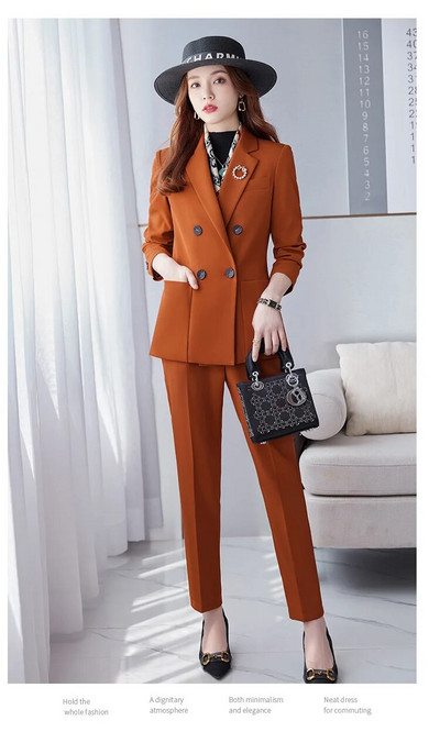 Ženski modni kaki odijelo s hlačama Komplet od 2 komada Ženska ležerna jakna dugih rukava Pencil hlače Poslovna radna odjeća Kompleti formalnih sakoa