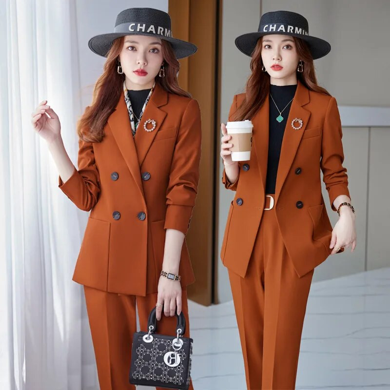 Ženski modni kaki odijelo s hlačama Komplet od 2 komada Ženska ležerna jakna dugih rukava Pencil hlače Poslovna radna odjeća Kompleti formalnih sakoa