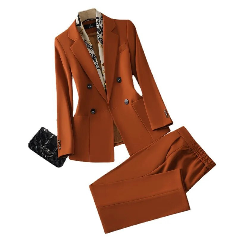 Ženski modni kaki odijelo s hlačama Komplet od 2 komada Ženska ležerna jakna dugih rukava Pencil hlače Poslovna radna odjeća Kompleti formalnih sakoa