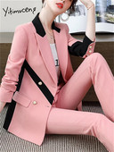 Yitimuceng Yitimuceng Yitimuceng Yitimuceng Yellow Purple Prink Bikses kostīmi Sieviešu 2023 Jauns Modes Garās Piedurknes Kontrasta Krāsu Blazers un Bikses Divdaļīgs Komplekts