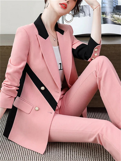 Yitimuceng Yitimuceng Yitimuceng Yitimuceng Yellow Purple Prink Bikses kostīmi Sieviešu 2023 Jauns Modes Garās Piedurknes Kontrasta Krāsu Blazers un Bikses Divdaļīgs Komplekts