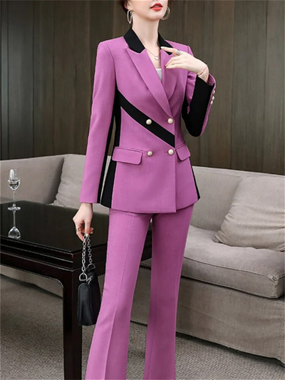 Yitimuceng Yitimuceng Yitimuceng Yitimuceng Yellow Purple Prink Bikses kostīmi Sieviešu 2023 Jauns Modes Garās Piedurknes Kontrasta Krāsu Blazers un Bikses Divdaļīgs Komplekts