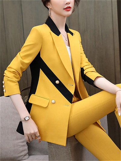 Yitimuceng Yitimuceng Yitimuceng Yitimuceng Yellow Purple Prink Bikses kostīmi Sieviešu 2023 Jauns Modes Garās Piedurknes Kontrasta Krāsu Blazers un Bikses Divdaļīgs Komplekts