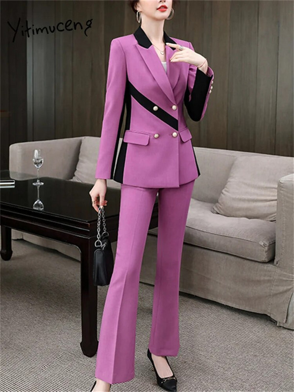 Yitimuceng Yitimuceng Yitimuceng Yitimuceng Yellow Purple Prink Bikses kostīmi Sieviešu 2023 Jauns Modes Garās Piedurknes Kontrasta Krāsu Blazers un Bikses Divdaļīgs Komplekts