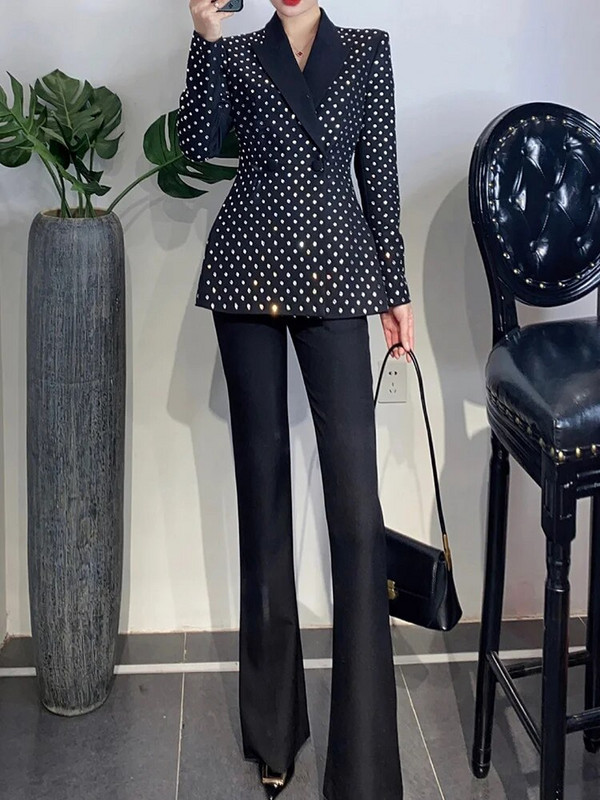 DEAT Modni ženski komplet od 2 komada, dijamantni urezani ovratnik, sakoi s jednim gumbom, odijelo s širokim hlačama pune dužine, jesen 2023. Novo 17A9131