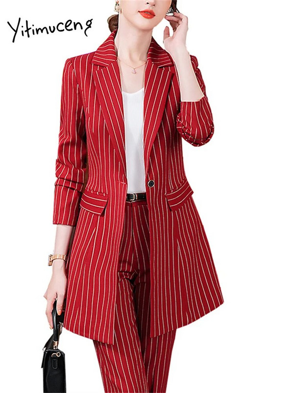 Yitimuceng piros fekete csíkos formális nadrágkosztümök női őszi tél 2203 új irodai női blézer dzseki és nadrág 2 részes készlet