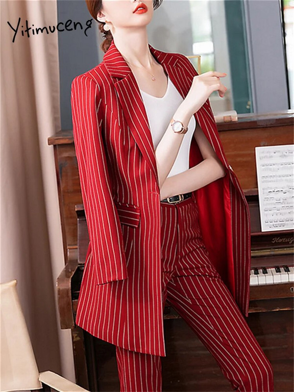 Yitimuceng piros fekete csíkos formális nadrágkosztümök női őszi tél 2203 új irodai női blézer dzseki és nadrág 2 részes készlet