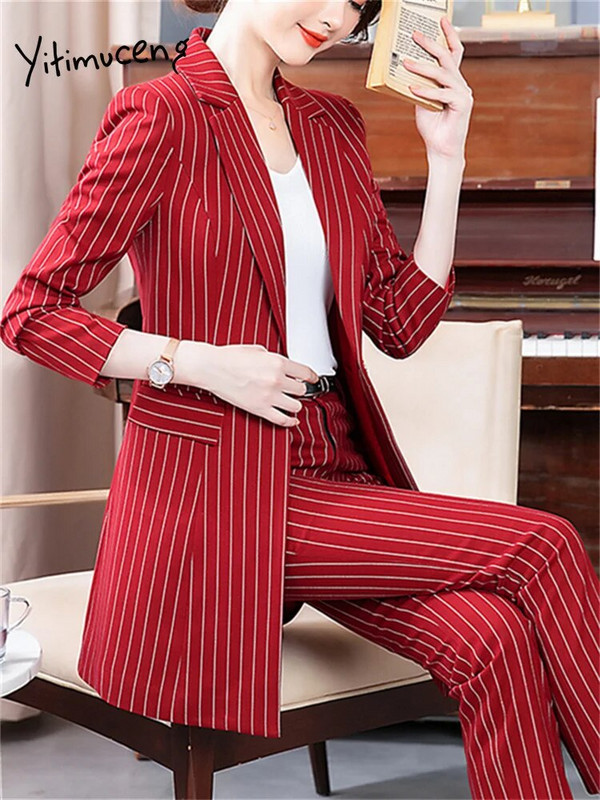 Yitimuceng piros fekete csíkos formális nadrágkosztümök női őszi tél 2203 új irodai női blézer dzseki és nadrág 2 részes készlet