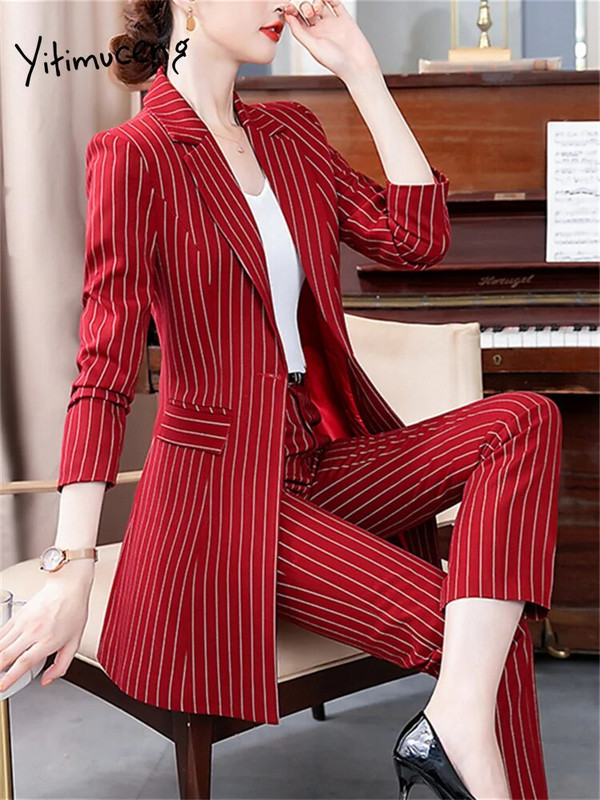 Yitimuceng piros fekete csíkos formális nadrágkosztümök női őszi tél 2203 új irodai női blézer dzseki és nadrág 2 részes készlet
