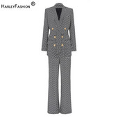 Retro europski dizajn Vintage Geometrijski uzorak 2PCS Blazer odijelo Elegantne ravne ženske dvodijelne hlače Ležerni kompleti