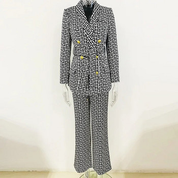 Ρετρό Ευρωπαϊκό Σχέδιο Vintage Γεωμετρικό Σχέδιο 2 τμχ κοστούμι Blazer Κομψό ίσιο γυναικείο παντελόνι δύο τεμαχίων casual σετ