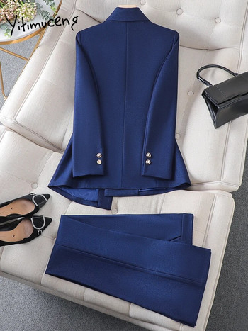 Yitimuceng Γυναικείες φόρμες παντελόνι γραφείου Biue Μακρύ μανίκι Slim Blazer Ψηλόμεση Casual Κοστούμια Παντελόνι Φθινόπωρο Χειμώνας 2023 Νέο σετ 2 τεμαχίων