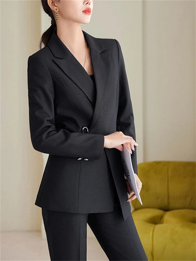 Yitimuceng Ženska Biue Uredska odijela s hlačama Dugih rukava Tanak blejzer visokog struka Ležerna odijela Hlače Jesen Zima 2023 Novi komplet od 2 komada